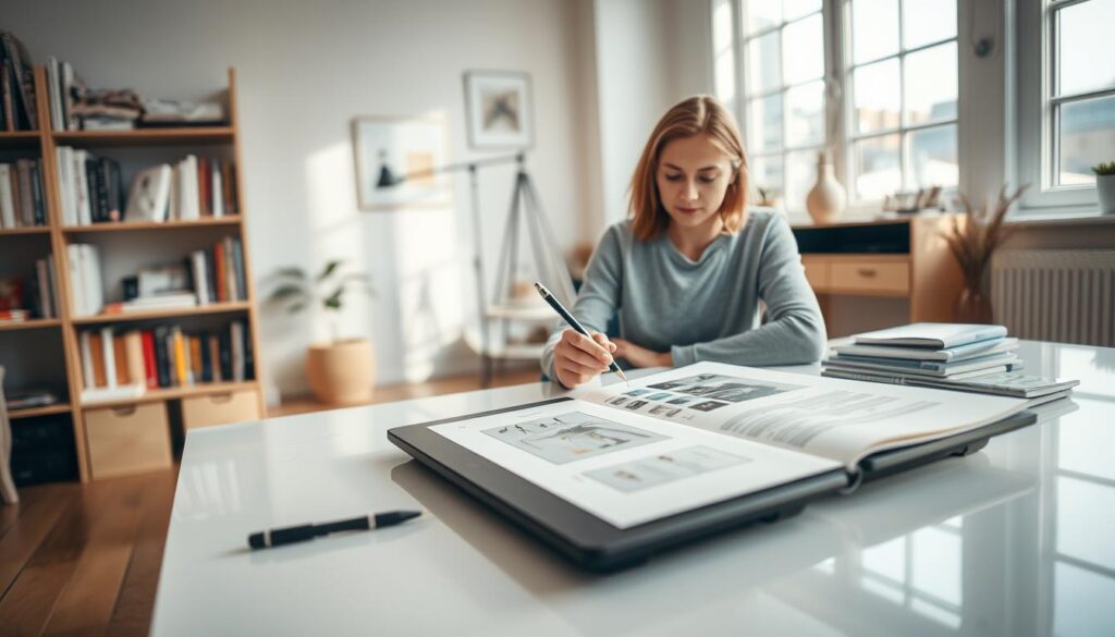 A serene, well-lit studio space with an editorial designer at work. In the foreground, an elegant desk with a Wacom tablet, stylus, and a sketchpad showcasing thoughtful design concepts. The middle ground features a bookshelf filled with design references and inspirational publications. Soft, natural lighting filters through large windows, casting a warm glow and highlighting the designer's focused expression as they meticulously craft layouts, typography, and color palettes. The background features minimalist decor and a sense of balance, reflecting the designer's keen eye for detail and desire for a distraction-free, harmonious work environment.
