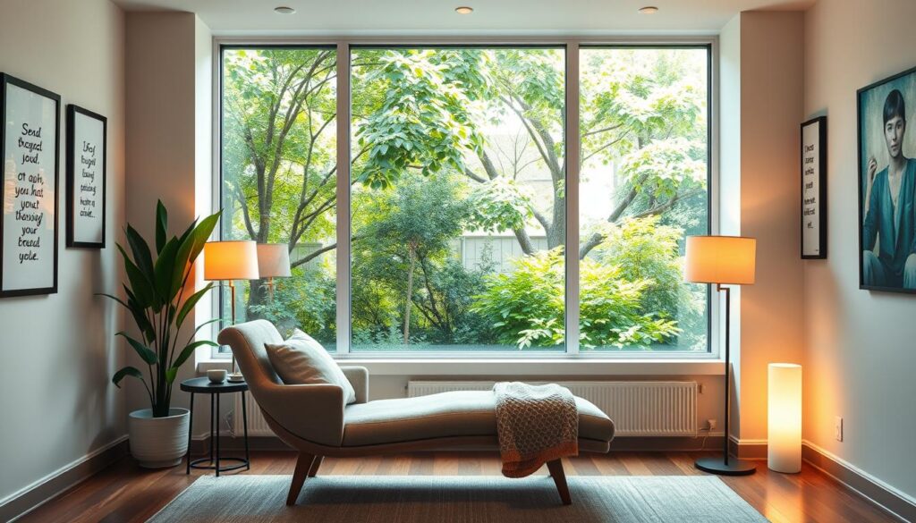 A serene, well-lit therapy room with a large window overlooking a lush, verdant garden. In the foreground, a comfortable chaise lounge invites patients to relax and open up. On the walls, framed inspirational quotes and calming artwork. The room exudes a sense of tranquility and healing, reflecting the bright future of the therapy profession. Warm, diffused lighting from floor lamps casts a soft glow, while a modern, minimalist aesthetic lends an air of professionalism. The scene conveys the therapist's expertise, empathy, and the transformative potential of their practice.