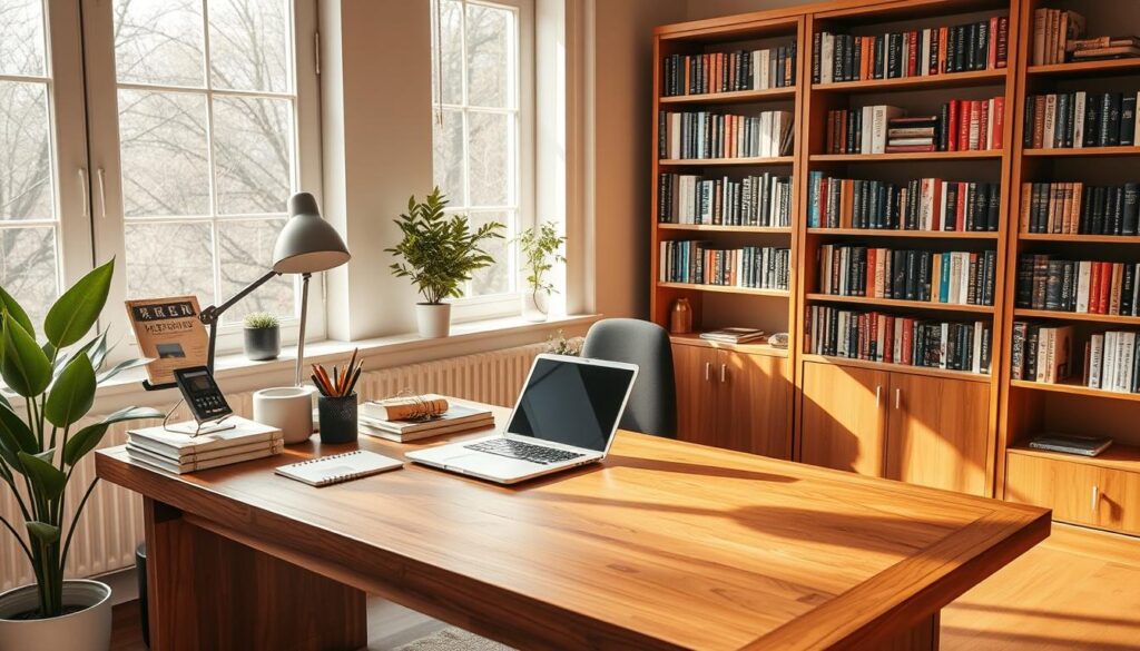 A serene, well-organized office space with a focal point of a beautifully handcrafted wooden desk. On the desk, a thoughtfully arranged assortment of stationery, a compact laptop, and a small plant. Warm, natural lighting filters in through large windows, casting a soft glow and creating a sense of tranquility. In the background, bookshelves filled with volumes on productivity and time management techniques. The overall atmosphere exudes a balance of focus, efficiency, and a touch of mindfulness, perfectly capturing the essence of "時間管理" for the教員転職 section of the article.