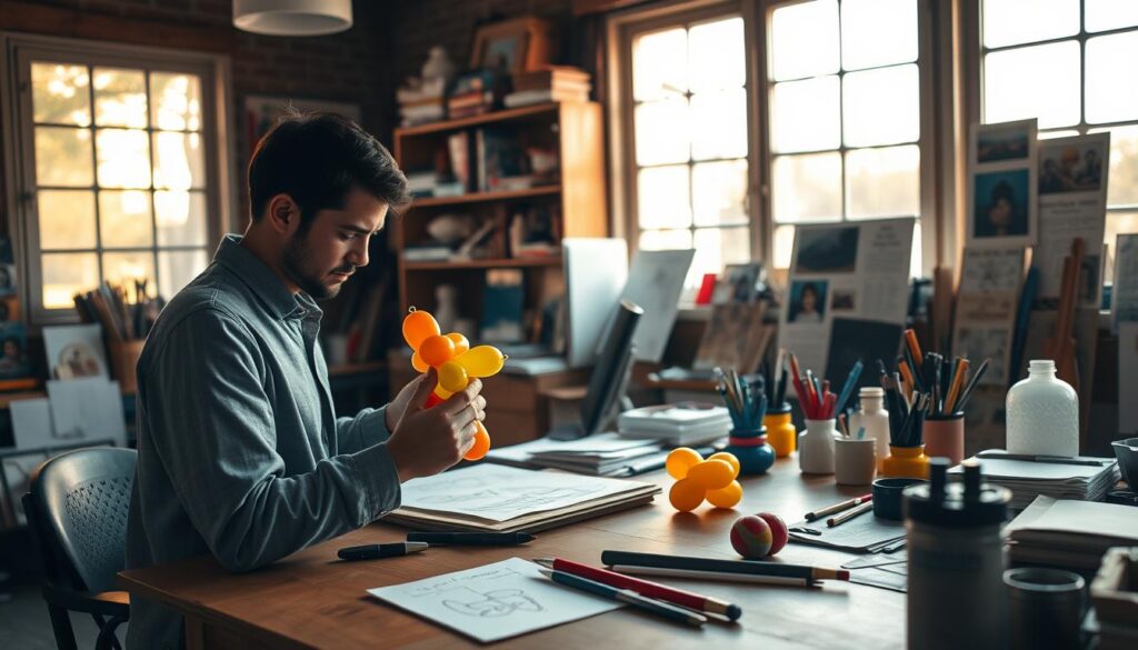 A serene workspace filled with various art supplies and tools, bathed in warm natural lighting that filters through large windows. In the foreground, a skilled balloon artist carefully crafts an intricate sculpture, their deft hands shaping the colorful latex into whimsical forms. In the middle ground, sketches, tutorials, and reference materials are neatly organized on a sturdy wooden desk, hinting at the ongoing process of skill development. The background subtly suggests an art studio or creative hub, with shelves of inspirational materials and a sense of quiet focus and dedication. The overall atmosphere conveys a journey of mastery, where the balloon artist's passion and commitment to continuous learning are palpable.