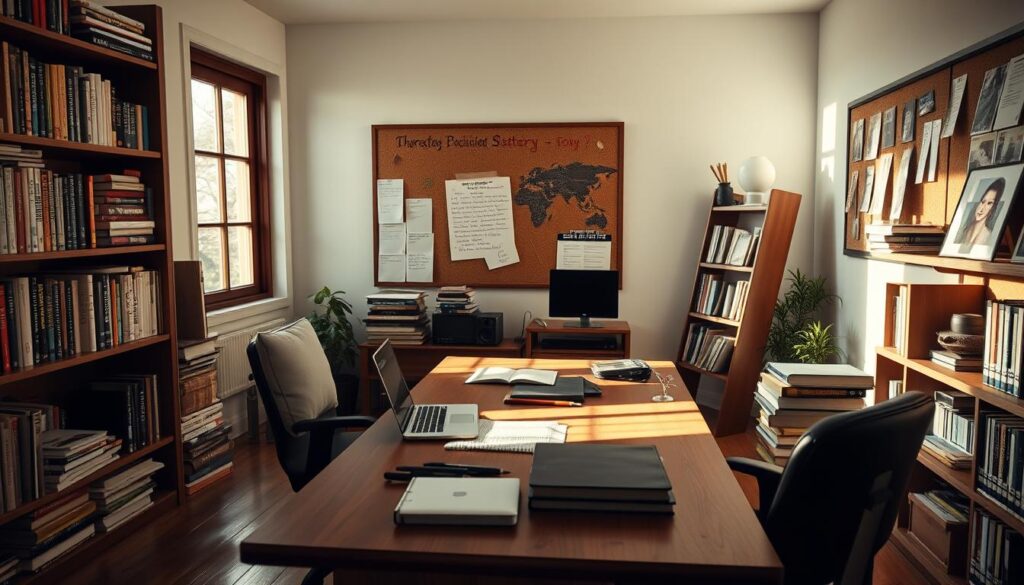 A serene workspace with a large wooden desk, a laptop, and various writing implements. The room is filled with natural light, casting a warm glow on the scene. Shelves line the walls, brimming with books on screenwriting, character development, and story structure. A corkboard displays notes, ideas, and inspiration for the writer's craft. The atmosphere is one of focused creativity, with a sense of thoughtfulness and attention to detail. The composition highlights the tools and resources a skilled scenario writer would need to craft compelling narratives.