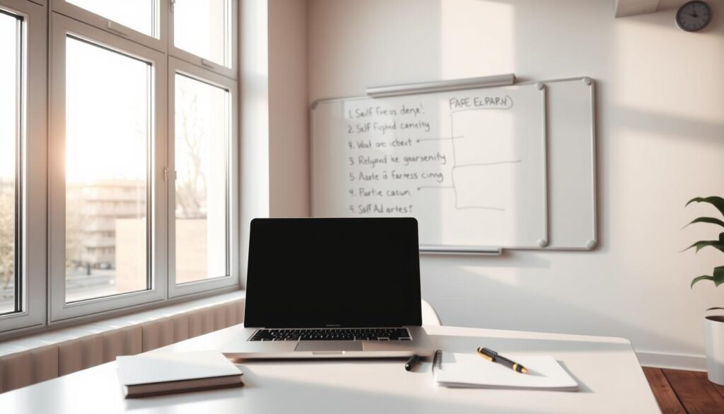 A serene workspace with a minimalist desk, a laptop, a pen, and a notepad. The room is flooded with natural light from large windows, casting a warm, thoughtful glow. In the background, a wall-mounted whiteboard displays a step-by-step process, each step meticulously outlined in black marker. The overall atmosphere is one of quiet contemplation, inviting the viewer to engage in a deliberate self-reflection on their career path.