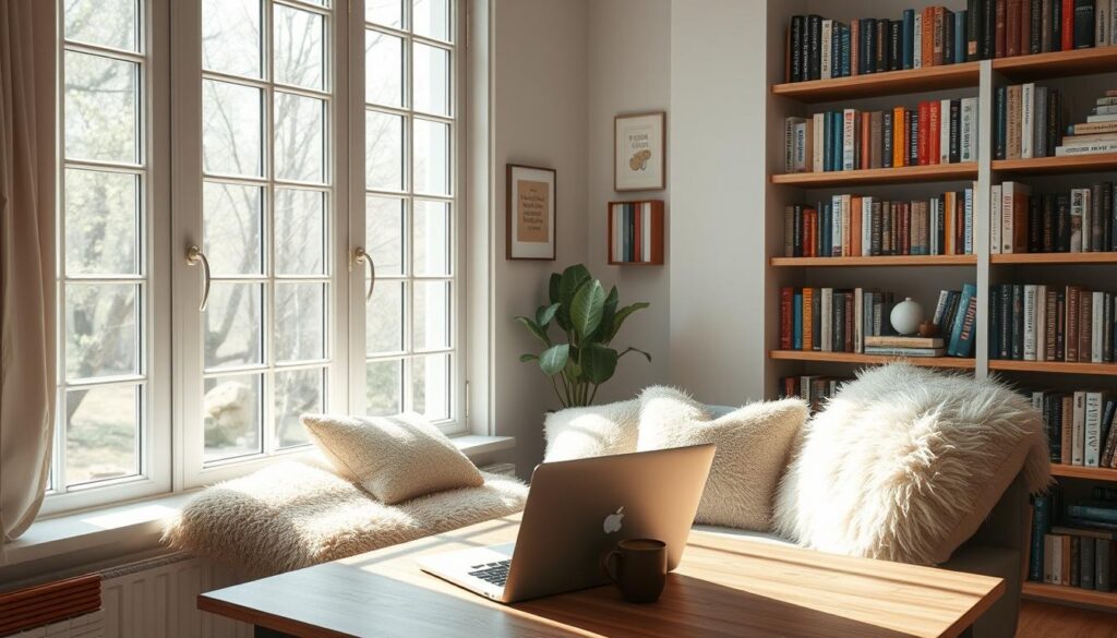 A serene workspace with natural light streaming through large windows, highlighting a cozy reading nook adorned with plush cushions and a fluffy throw blanket. On the desk, a laptop and a cup of steaming tea, symbolizing the balance between productivity and self-care. Shelves lining the walls display an array of inspiring books, resources, and wellness tools, catering to the diverse needs of those seeking motivation and guidance. The overall atmosphere radiates a sense of tranquility and rejuvenation, encouraging the viewer to explore the multitude of paths towards finding fulfillment and rediscovering their passion for work.