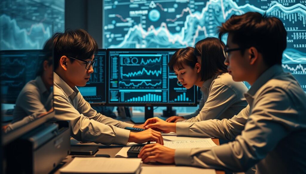 A serene yet focused scene of three data analysts collaborating on a sophisticated financial modeling system. Meticulously detailed desk setup with dual monitors, advanced computational hardware, and technical reference materials. Muted lighting casts a contemplative atmosphere as the young professionals, with their distinct Japanese features, intently study complex statistical visualizations and algorithms. The foreground is dominated by the intense concentration of the team, while the background blurs into an abstract, data-driven landscape symbolic of the rigorous mathematical governance that underpins their work.