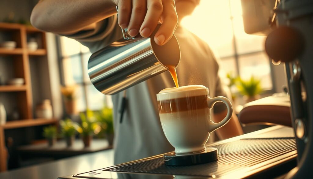 A skilled barista expertly pouring freshly brewed coffee into a white ceramic mug, creating a beautifully layered latte with a rich, velvety foam on top. The scene is bathed in warm, natural light filtering through a large window, casting a soft glow on the barista's hands and the gleaming espresso machine in the foreground. The background features a cozy, minimalist café setting with wooden accents and a few potted plants, conveying a sense of calm, artisanal ambiance. The overall composition emphasizes the precision and artistry involved in the craft of coffee-making, reflecting the dedication and passion of a professional barista.
