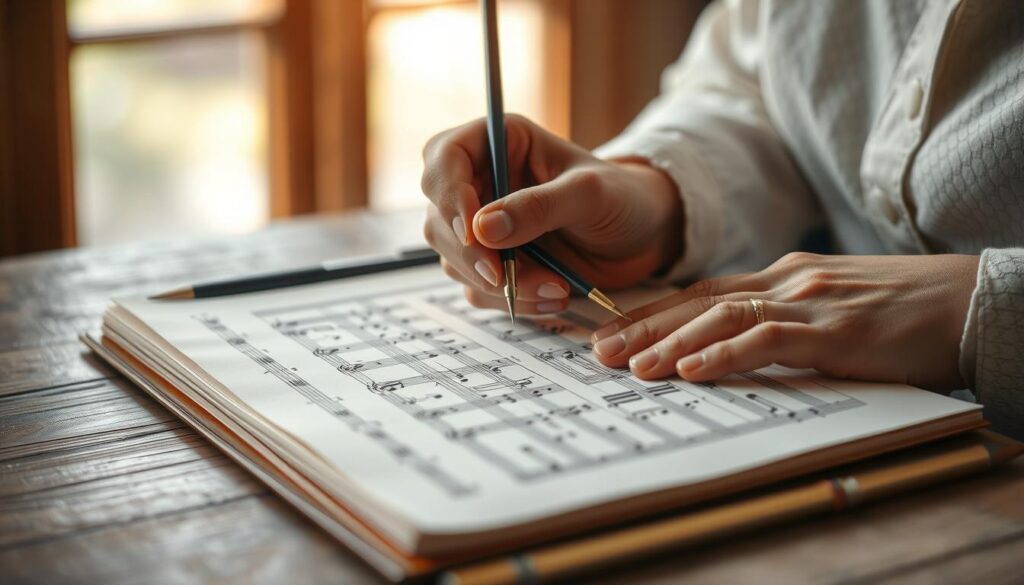 A skilled calligrapher carefully transcribes sheet music, their brush gliding gracefully across the pristine paper. Soft natural light filters through a nearby window, casting a warm glow over the workspace. The musician's hands move with practiced precision, meticulously crafting each note, dynamic marking, and articulation. The focus is palpable as they bring the musical score to life, their dedication and attention to detail evident in every stroke. The resulting manuscript, a work of art in itself, will serve as the foundation for a performance, preserving the composer's vision with utmost care and clarity.