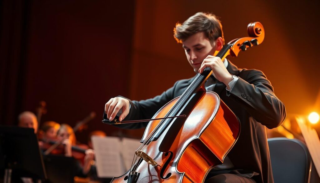 A skilled cellist performing on a dimly lit stage, their fingers gracefully dancing across the strings. The scene is bathed in warm, golden lighting, casting a serene, introspective mood. In the background, the orchestra musicians can be seen, their silhouettes blurred, creating a sense of depth and focus on the soloist. The cellist's posture is poised and confident, their expression intense as they pour their emotions into the music. The image conveys the technical mastery, artistic expression, and dedication required to be an accomplished cellist.