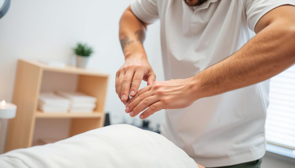 A skilled chiropractor performing a spinal adjustment on a patient, using precise manual techniques to restore proper alignment and alleviate pain. The scene is set in a modern, well-equipped chiropractic clinic, with the chiropractor dressed in a clean, professional attire. Soft, diffused lighting illuminates the treatment room, creating a soothing and therapeutic atmosphere. The patient's expression conveys a sense of relief and trust in the chiropractor's expertise. The image should emphasize the importance of specialized knowledge and hands-on skills required for effective chiropractic care.