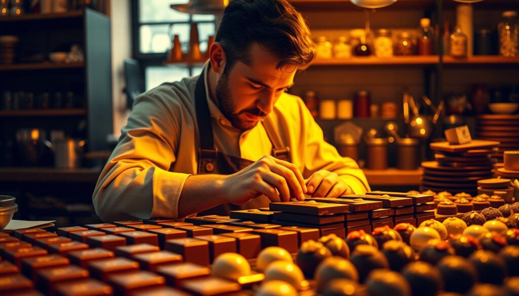 A skilled chocolatier intensely focuses on refining their craft, surrounded by an array of glistening chocolate bars, truffles, and delicate confections. Warm, golden lighting illuminates the scene, casting a cozy, inviting atmosphere. In the foreground, the chocolatier meticulously tempers and molds the chocolate, their hands moving with precision honed through years of experience. The middle ground features a selection of finished products, each one a work of art, showcasing the chocolatier's mastery of flavor profiles and presentation. In the background, shelves hold various tools and ingredients, reflecting the technical expertise required to elevate the chocolatier's skills and elevate their earnings potential.