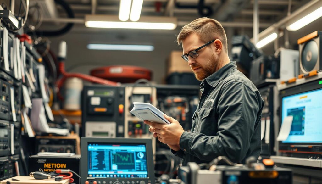 A skilled customer engineer stands amidst a bustling workshop, surrounded by a variety of electronic devices and tools. The bright overhead lighting casts a warm glow, illuminating their focused expression as they meticulously inspect the inner workings of a complex piece of equipment. In the middle ground, an array of manuals, diagnostic screens, and specialized equipment convey the depth of their technical expertise. The background blurs softly, emphasizing the engineer's hands-on engagement with the task at hand. The overall scene reflects the dedication and specialized knowledge required to effectively troubleshoot and maintain cutting-edge technology in a real-world, fast-paced environment.