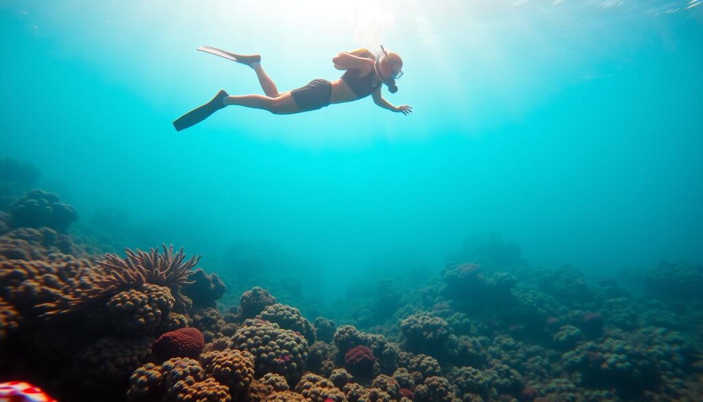 A skilled diver performs an underwater acrobatic maneuver, suspended mid-leap against a vibrant coral reef backdrop. Shimmering sunlight filters through the water, casting a warm glow on the diver's streamlined silhouette. The diver's movements are graceful and precise, showcasing the years of training and experience required to master this specialized skill. The scene captures the beauty and technical mastery of the diving profession, reflecting the dedication and discipline needed to excel as a professional diver.