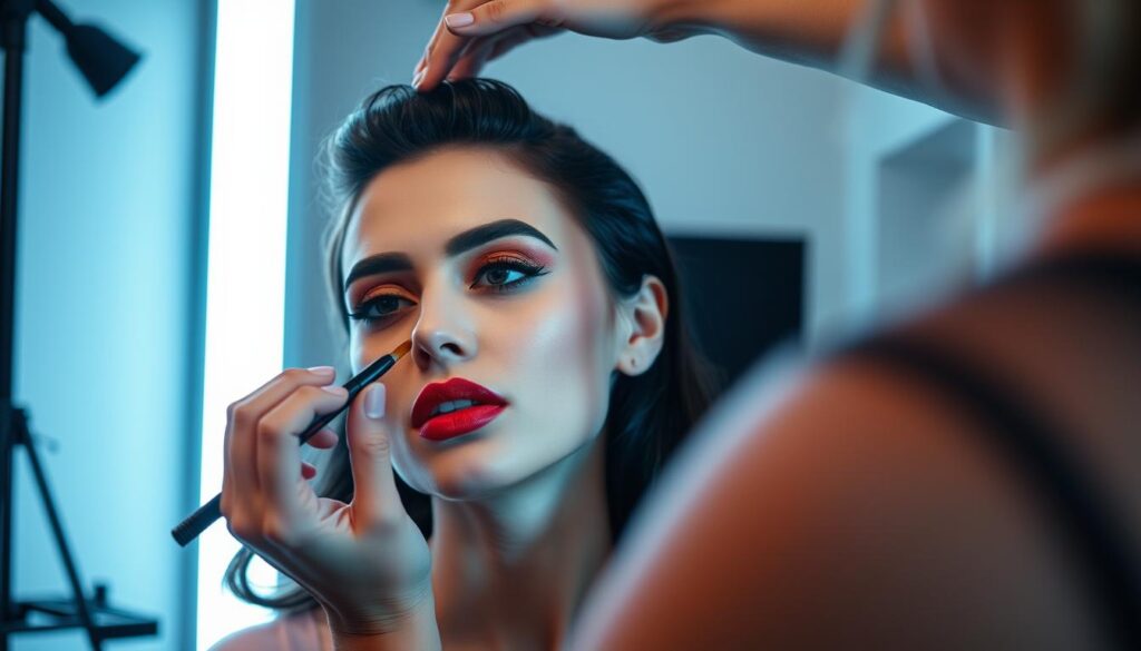 A skilled hair and makeup artist creating a vibrant, glamorous look on a model's face. Soft, diffused lighting illuminates the model's features, highlighting flawless skin, bold eyeshadow, and a vivid, matte lip color. The artist's hands deftly apply makeup, demonstrating their technical proficiency and artistic flair. The background is a sleek, modern studio setting, with clean lines and minimal distractions to keep the focus on the artist's craft. The overall mood is one of confidence, creativity, and the mastery of essential hair and makeup techniques.