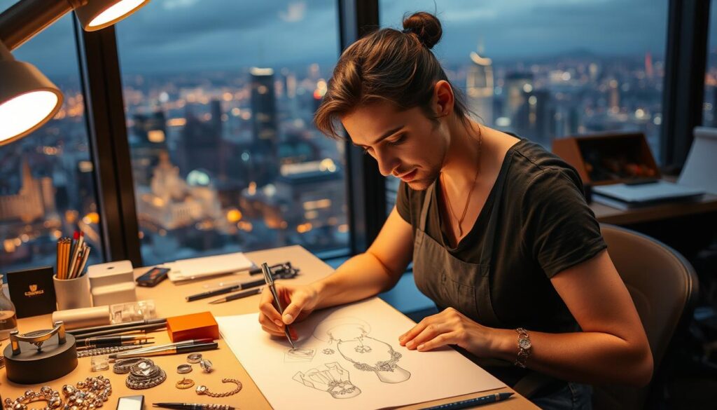A skilled jewelry designer sits at their workbench, intently sketching designs for a new collection. Delicate tools and sparkling gemstones surround them, as they meticulously bring their creative vision to life. Warm, focused lighting illuminates their workspace, casting dramatic shadows and highlighting the intricate details of their work. In the background, a panoramic view of a bustling city skyline suggests the dynamic, fast-paced nature of the jewelry design industry. The designer's expression conveys a sense of flow and concentration, reflecting the dedication and passion required to excel in this specialized field.