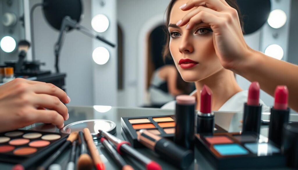 A skilled makeup artist's hands, with various cosmetic brushes, eyeshadow palettes, and lipsticks laid out in the foreground. In the middle ground, a close-up of a model's flawless, contoured face, with neutral yet impactful makeup application. The background showcases a professional makeup studio, with soft, even lighting, and a minimalist, sleek aesthetic to highlight the artistry and technical mastery of the makeup skills on display.