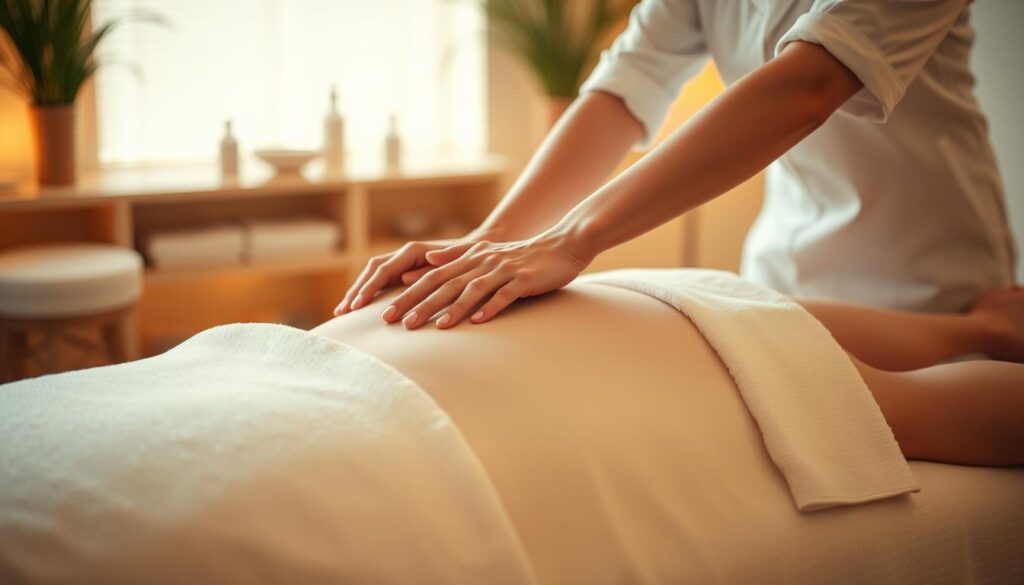 A skilled massage therapist, dressed in a crisp white uniform, kneading and manipulating the muscles of a client lying on a massage table. The scene is bathed in warm, diffused lighting, creating a soothing, therapeutic ambiance. The therapist's hands move with precision and care, their fingers expertly applying pressure and techniques to alleviate tension and promote relaxation. In the background, a serene, minimalist spa-like setting, with simple furnishings and calming decor, further enhances the tranquil atmosphere. The overall composition captures the essence of the massage therapist's profession, conveying their expertise, dedication, and the restorative experience they provide.