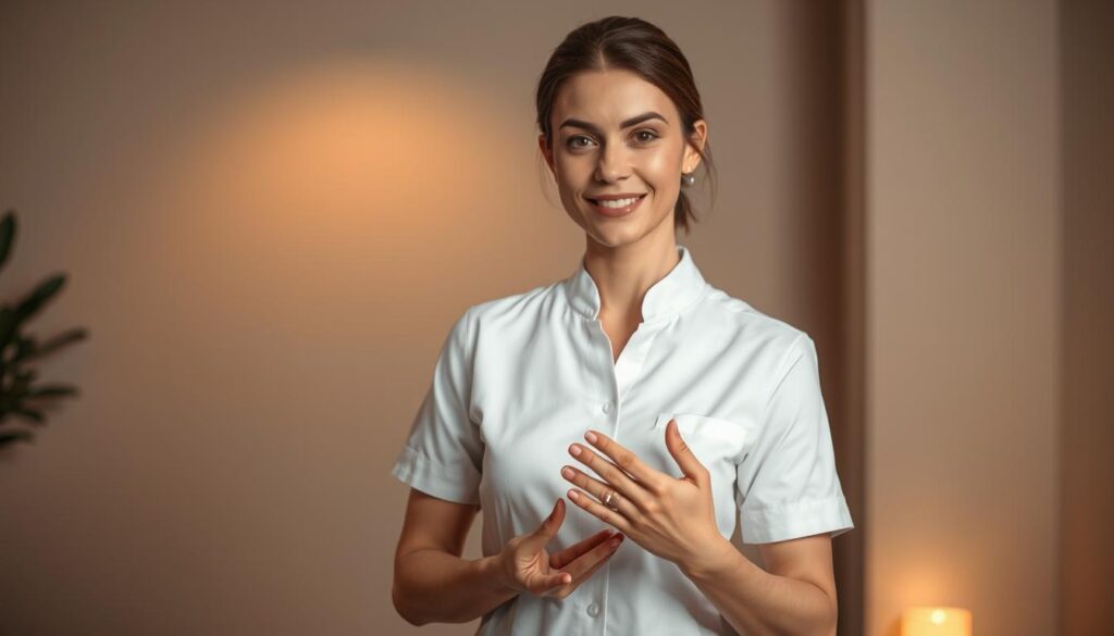 A skilled massage therapist, dressed in a crisp, white uniform, stands in a serene, dimly lit room. Soft, ambient lighting casts a warm glow, creating a calming atmosphere. The therapist's hands are poised, ready to expertly apply pressure and technique to alleviate tension and promote relaxation. Behind them, a blurred background suggests a tranquil, minimalist space, devoid of distractions, allowing the focus to remain on the therapist's practiced movements. The expression on the therapist's face exudes professionalism and a genuine desire to provide a therapeutic, rejuvenating experience.
