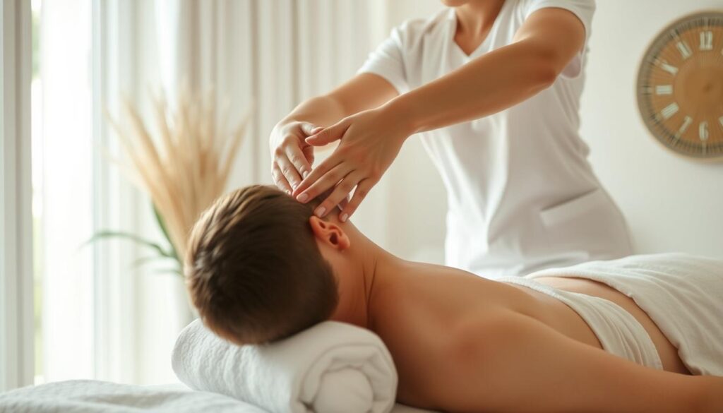 A skilled masseuse performing a deep tissue massage, her hands expertly applying pressure to release tension in the client's neck and shoulders. The scene is set in a serene, minimalist massage studio, with soft natural lighting filtering in through large windows. The masseuse wears a simple, clean uniform, her movements graceful and focused. The client's face is obscured, emphasizing the intimate, therapeutic nature of the session. The overall atmosphere conveys a sense of calm, rejuvenation, and the professionalism of the massage therapist.