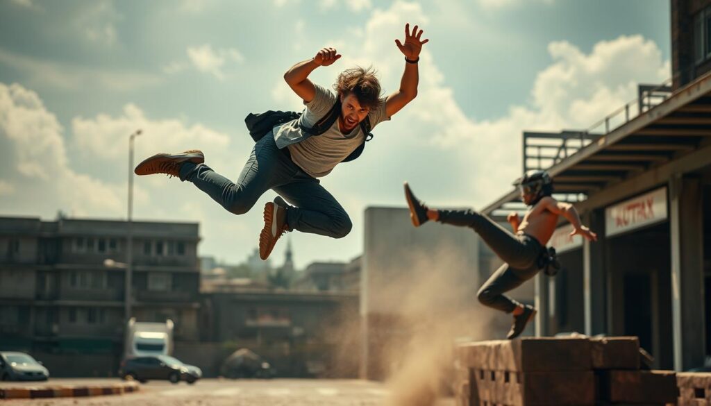 A skilled stunt performer demonstrates their daring feats in a dynamic action scene. The foreground captures the performer executing a high-intensity jump, their body perfectly poised mid-air, with expressions of focus and determination. The middle ground showcases the performer's coordination and agility as they twist and turn, showcasing their mastery of physical stunts. The background sets the scene with a gritty, urban environment, hinting at the risky nature of the profession. Dramatic lighting casts dramatic shadows, heightening the sense of danger and excitement. The overall composition conveys the incredible skill, bravery, and athleticism required to be a successful stunt performer.
