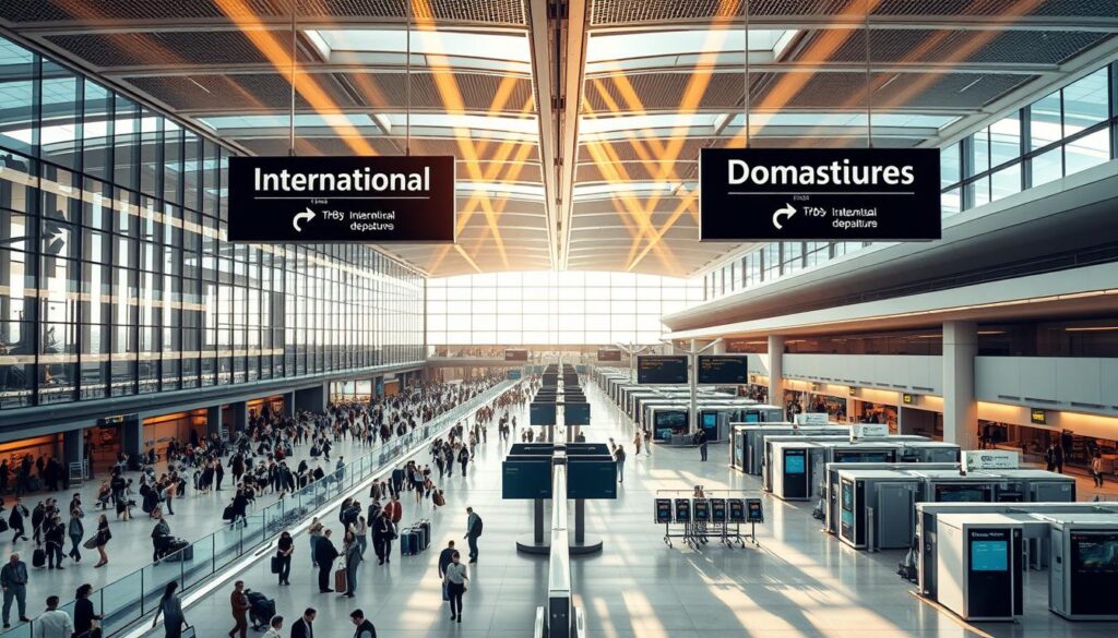 A sleek and modern airport terminal, divided into two distinct sections. On the left, the international departures area features towering ceilings, grand glass facades, and a bustling international crowd. On the right, the domestic departures section has a more intimate and efficient layout, with streamlined security checkpoints and a calmer atmosphere. Overhead, signage clearly delineates the differences between the two zones. Beams of warm, golden light filter in, creating a sense of sophistication and efficiency. The overall scene conveys the contrast between the global scale of international travel and the more localized nature of domestic flights.