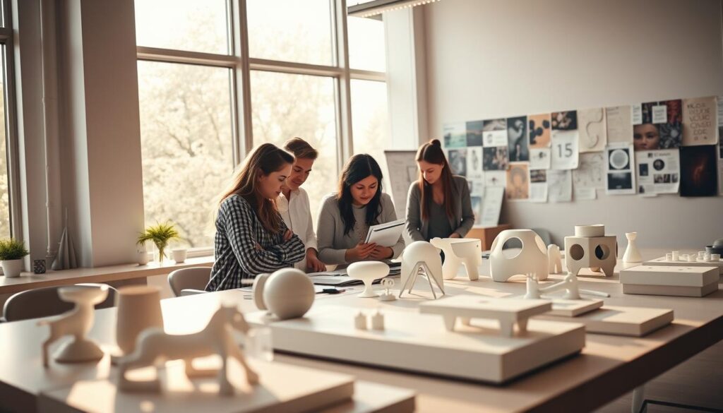 A sleek and modern industrial design studio, bathed in warm natural light streaming through large windows. In the foreground, a team of designers huddled around a table, sketching and discussing the latest concepts - prototypes of innovative products showcasing cutting-edge materials, ergonomics and minimalist aesthetics. In the middle ground, 3D-printed models and CNC-milled components on display, hinting at the advanced manufacturing techniques employed. The background reveals a wall adorned with mood boards, trend forecasts and inspirational imagery, capturing the zeitgeist of contemporary industrial design.