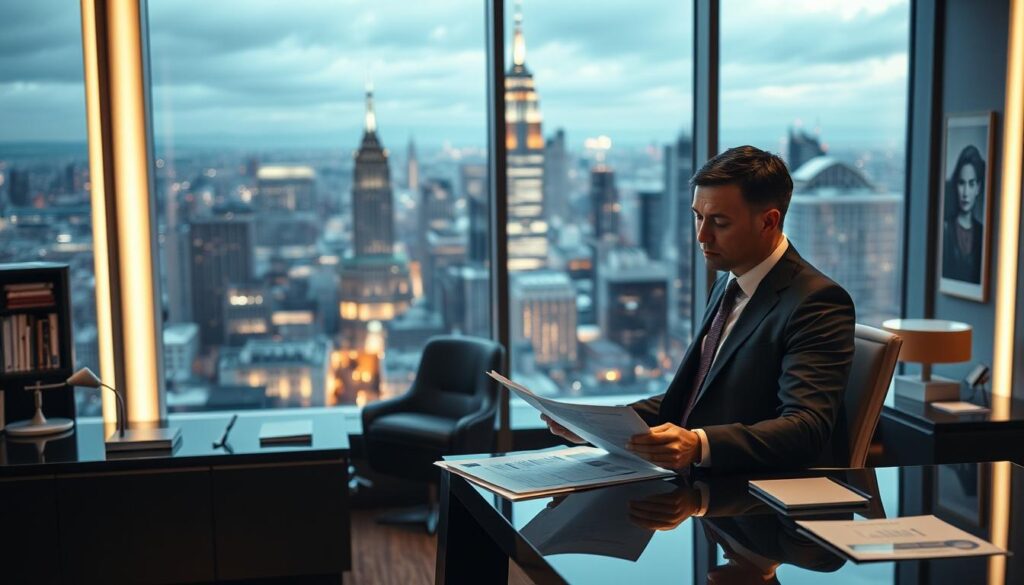A sleek and modern office interior, with a large window overlooking a bustling city skyline. In the foreground, a well-dressed assistant director sits at a stylish desk, reviewing financial documents and reports. The lighting is soft and warm, creating a professional and authoritative atmosphere. The background features bookshelves, artwork, and other subtle details that convey the high-end nature of the workplace. The image should convey the affluence and success associated with the assistant director role, while also highlighting the hard work and attention to detail required to excel in this position.