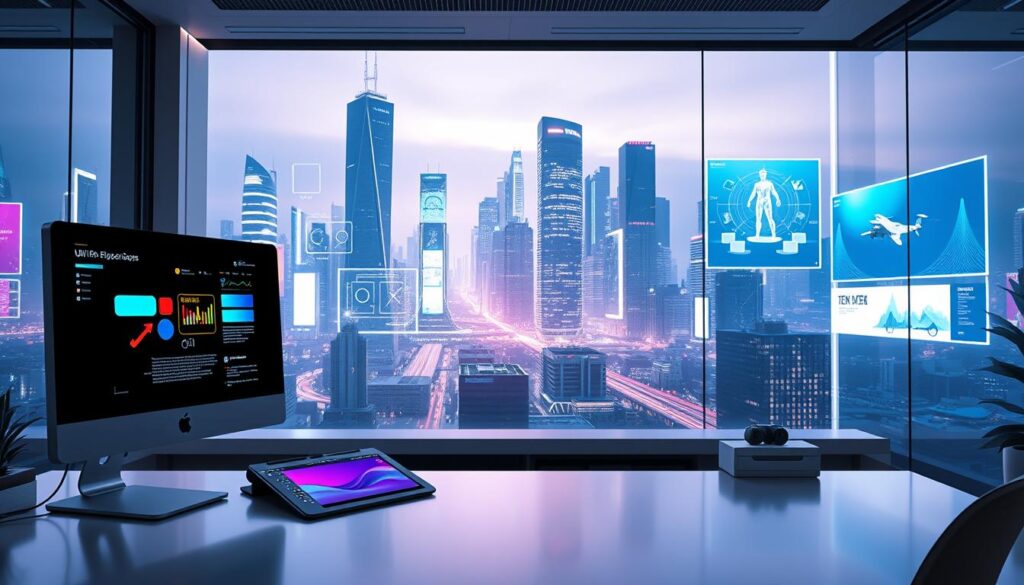 A sleek, contemporary digital design studio showcasing the latest trends. The foreground features a workspace with a minimalist desk, a powerful desktop computer, and a high-resolution graphics tablet. In the middle ground, vibrant holographic displays present innovative UI/UX concepts, motion graphics, and 3D models. The background depicts a futuristic cityscape with towering skyscrapers, neon-lit billboards, and a glow of technological progress. Soft, directional lighting creates depth and highlights the clean, futuristic aesthetic. The overall mood is one of cutting-edge innovation, creativity, and the endless possibilities of the digital design industry.