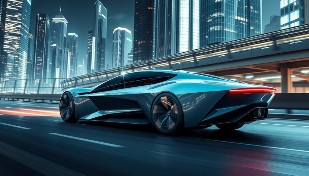 A sleek, futuristic automobile glides through a luminous cityscape, its curvaceous lines and advanced aerodynamic features accentuated by soft, directional lighting. The vehicle's bold, angular design hints at cutting-edge technologies, from autonomous driving systems to intelligent energy management. In the background, towering skyscrapers and elevated transit networks suggest a vision of urban mobility seamlessly integrated with the latest advancements in architecture and infrastructure. The scene conveys a sense of progress, efficiency, and the seamless integration of man and machine, capturing the essence of the automotive industry's rapidly evolving design landscape.
