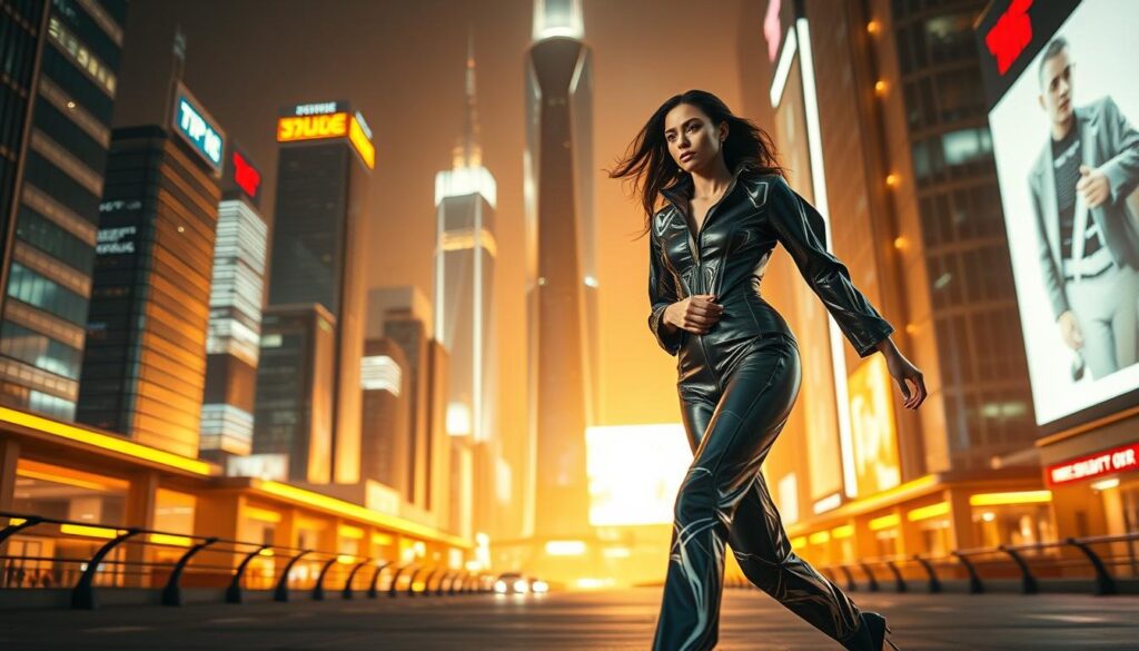 A sleek, futuristic cityscape with towering skyscrapers and neon-lit streets. In the foreground, a fashionable model confidently strides, wearing a cutting-edge ensemble that seamlessly blends high-tech materials and avant-garde silhouettes. The model's movements are captured with a shallow depth of field, creating a sense of dynamic motion. The background is bathed in a warm, golden glow, suggesting an optimistic vision of the future where technology and fashion converge to redefine the boundaries of style. Dramatic lighting from multiple angles accentuates the model's features and the intricate details of the garment. The overall scene conveys a sense of excitement and possibility, hinting at the transformative power of innovation in the world of fashion.