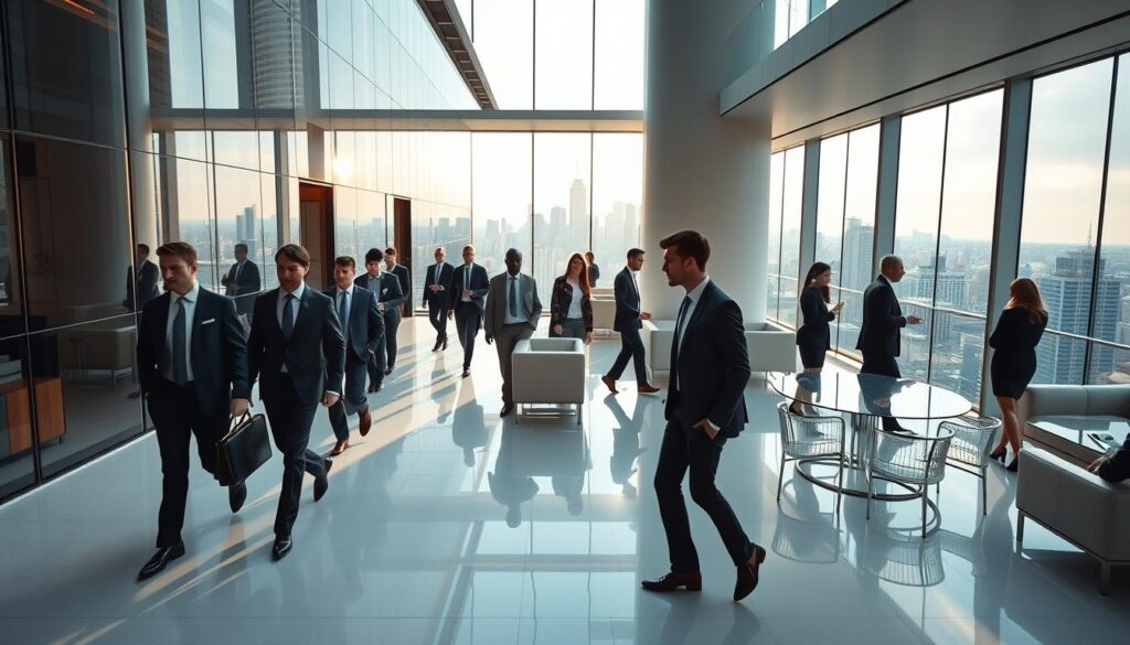 A sleek high-rise office in a bustling financial district, with a modern glass facade reflecting the cityscape. The interior is designed with a minimalist aesthetic, featuring clean lines, neutral tones, and sophisticated furnishings. Professionals in tailored suits stride purposefully through the open-plan workspace, engaged in animated discussions around glass conference tables. The atmosphere exudes an air of efficiency, innovation, and global connectivity, characteristic of a leading international management consulting firm. Soft, directional lighting illuminates the scene, casting subtle shadows and highlighting the polished, professional demeanor of the employees. An aura of prestige and exclusivity pervades the environment, reflecting the high-caliber expertise and prestigious clientele associated with this renowned consulting powerhouse.