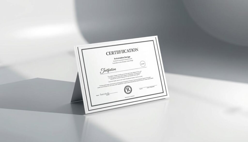 A sleek, modern automobile design certification, showcased in a clean, minimalist studio setting. The focal point is a 3D model of the certification document, lit from above to highlight its elegant lines and typography. The background is a smooth, reflective surface, creating a sense of depth and emphasizing the professionalism of the design. Soft, directional lighting casts subtle shadows, adding depth and dimensionality to the scene. The overall mood is one of sophistication, precision, and the pursuit of automotive design excellence.