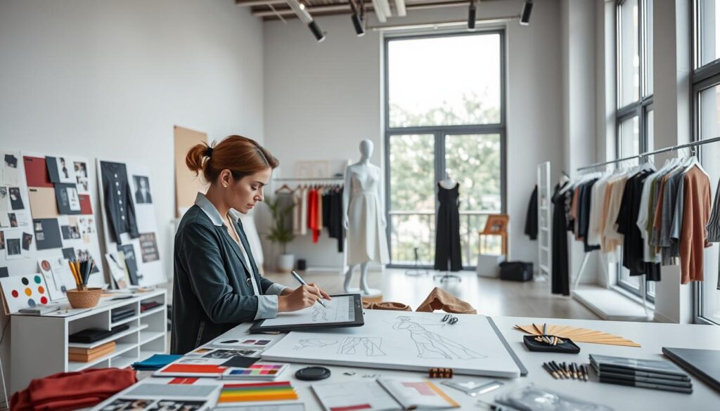A sleek, modern fashion studio with a minimalist aesthetic. In the foreground, a fashion designer sketches designs on a drawing tablet, surrounded by swatches of fabric, color palettes, and mood boards. In the middle ground, a 3D model of a dress or garment hovers, showcasing the designer's technical prowess. The background features floor-to-ceiling windows, allowing natural light to flood the space and highlight the designer's creative process. The overall atmosphere conveys a sense of focus, inspiration, and the blending of artistic and technical skills required for successful fashion design.