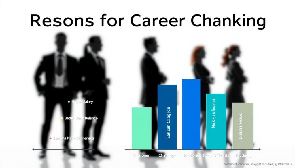 A sleek, modern infographic displaying the "Reasons for Career Change Ranking" set against a minimalist, clean background. In the foreground, a sophisticated bar chart with distinct color-coded bars representing the top reasons for changing industries, such as "Higher Salary," "Better Work-Life Balance," "Seeking New Challenges," and "Passion for a Different Field." The chart is rendered in a striking, elegant style with crisp edges and a high-quality finish. The middle ground features a subtle, blurred backdrop of professional silhouettes, suggesting the human element behind the data. The overall atmosphere is one of polished, data-driven insight, reflecting the article's focus on the real-world experiences and success strategies of those who have made the leap into a new industry.