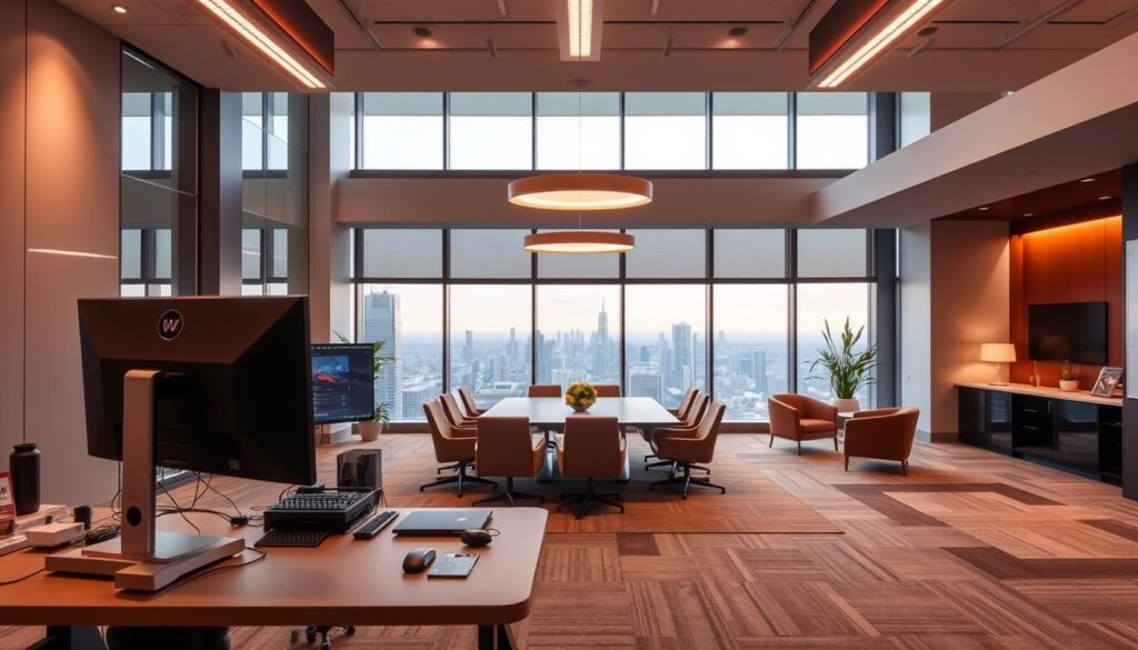 A sleek, modern office interior with a focus on the key elements that influence a space designer's salary. In the foreground, an ergonomic workstation with a high-end computer setup and various design tools. In the middle ground, a central meeting table surrounded by comfortable chairs, showcasing collaborative spaces. The background features floor-to-ceiling windows, providing ample natural light and a scenic city skyline view. Subtle lighting fixtures cast a warm, professional glow, and the color palette blends neutral tones with pops of accent colors. The overall atmosphere conveys a sense of productivity, innovation, and the value placed on exceptional spatial design.