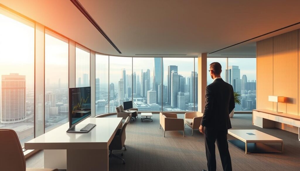 A sleek, modern office interior with a panoramic city skyline view. In the foreground, a well-dressed professional stands at a minimalist desk, reviewing financial data on a large, curved monitor. Warm, ambient lighting casts a soft glow, accentuating the clean lines and neutral color palette of the space. Geometric shapes and textured surfaces create visual interest, hinting at the artistic sensibilities of a space designer. The middle ground showcases ergonomic furniture and strategic zoning, suggesting the practical considerations of workspace layout. In the background, the towering skyscrapers of a bustling metropolis stretch out, symbolizing the high-earning potential of this creative and in-demand profession.