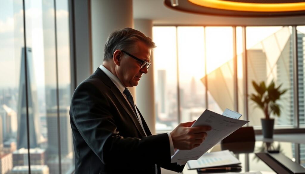 A sleek, modern office interior with floor-to-ceiling windows overlooking a bustling city skyline. In the foreground, a well-dressed middle-aged individual, likely a director, stands at a desk, thoughtfully reviewing financial documents. The lighting is warm and professional, casting a subtle glow on the director's face as they contemplate the average annual income of their peers. The background features abstract geometric shapes and patterns, suggesting the complex, data-driven nature of the director's role. The overall scene conveys a sense of authority, success, and the high-level decision-making responsibilities associated with a directorial position.