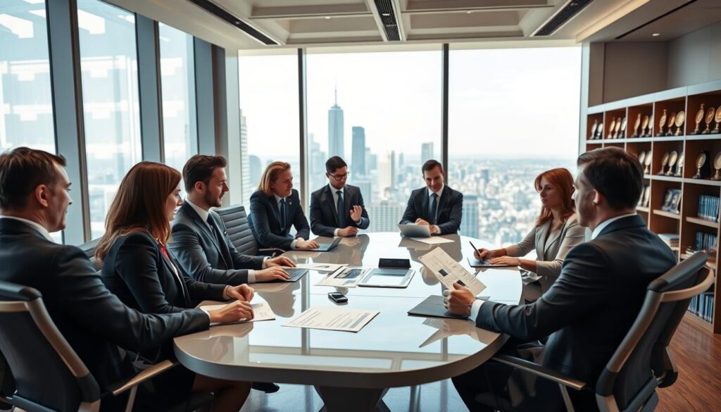 A sleek, modern office interior with high ceilings and large windows overlooking a bustling city skyline. The foreground features a team of well-dressed professionals engaged in a collaborative meeting, their expressions indicating a discussion of financial data and strategy. The middle ground showcases a stylish conference table surrounded by ergonomic chairs, creating an atmosphere of sophistication and efficiency. In the background, shelves lined with books and awards hint at the firm's prestigious reputation and expertise. The lighting is warm and natural, creating a sense of professionalism and success. The overall scene conveys the high-powered, well-compensated nature of a leading global management consulting firm.