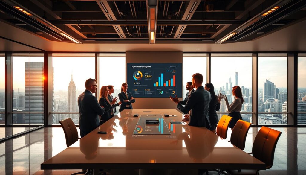A sleek, modern office interior with large windows overlooking a bustling cityscape. In the foreground, a group of professionals in business attire engaged in an animated discussion around a polished conference table, gesturing enthusiastically. Warm, directional lighting illuminates the scene, creating a sense of collaboration and productivity. In the middle ground, a wall-mounted display showcases key performance metrics and milestones, highlighting the success of the fellowship program. The background features a panoramic view of the city skyline, conveying a sense of opportunity and growth. The overall atmosphere is one of professionalism, achievement, and a thriving fellowship ecosystem.