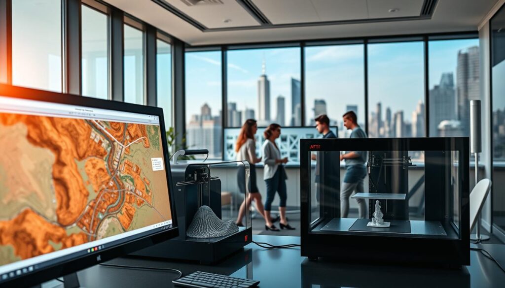 A sleek, modern office setting with a focus on geospatial technology. In the foreground, a desktop computer displays a GIS mapping application, its screen reflecting the latest advancements in spatial data visualization and analysis. Nearby, a high-resolution 3D printer churns out a small-scale topographic model, showcasing the integration of GIS and additive manufacturing. In the middle ground, a team of professionals huddles around a large touchscreen display, collaborating on a complex urban planning project. The background features floor-to-ceiling windows, allowing natural light to flood the space and highlighting the city skyline outside - a testament to the real-world applications of cutting-edge GIS techniques. The overall mood is one of innovation, efficiency, and a deep understanding of the evolving landscape of geospatial technologies.
