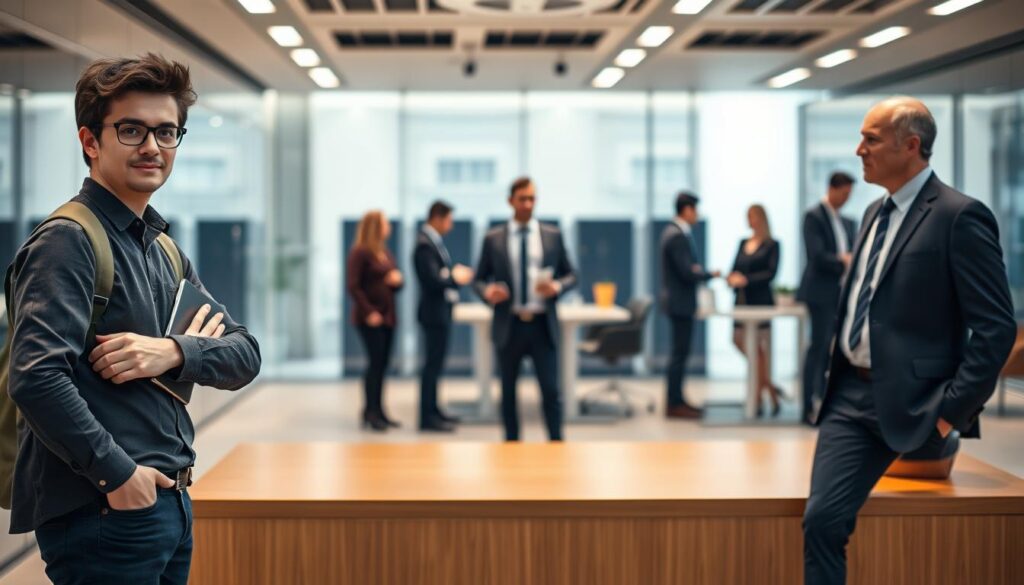 A sleek, modern office setting with three individuals at different career stages. In the foreground, a young, ambitious systems engineer stands confidently, laptop in hand, representing the entry-level role. In the middle ground, an experienced systems engineer oversees a team, visualizing the managerial path. In the background, a senior systems engineer collaborates with colleagues, showcasing the executive leadership opportunities. Bright, indirect lighting creates a professional, aspirational atmosphere. The scene captures the diverse career trajectory of a systems engineer, from individual contributor to strategic leader.