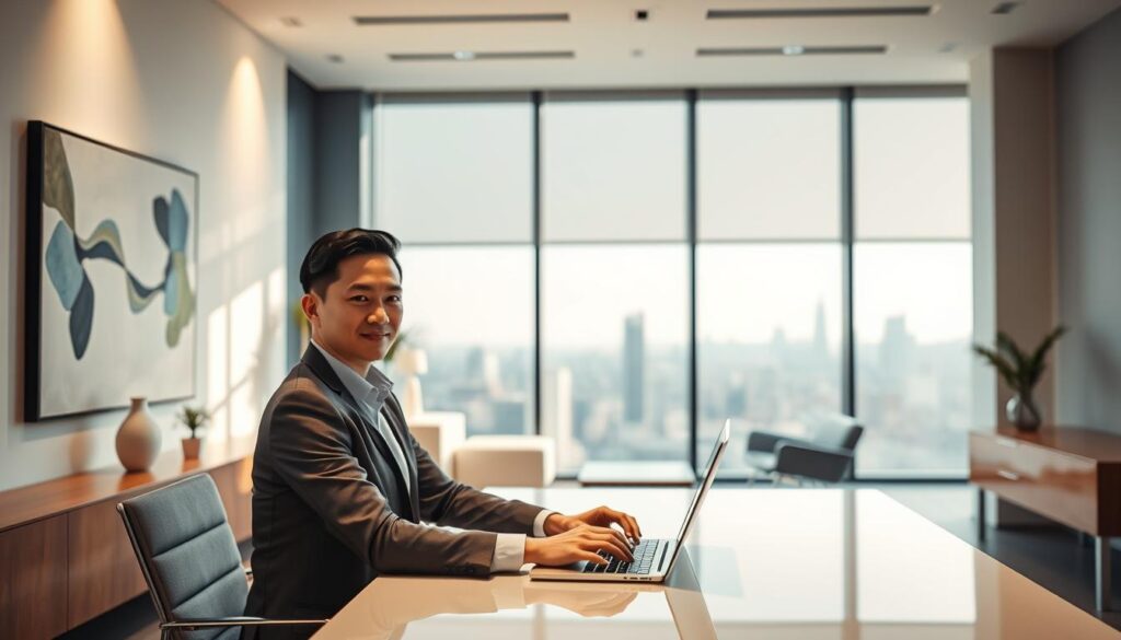 A sleek, modern office space with minimalist furniture and clean lines. The walls are adorned with abstract art, casting a warm glow from hidden lighting fixtures. A large window overlooking a cityscape fills the room with natural light, creating a sense of openness and tranquility. In the foreground, a professional-looking individual sits at a desk, their hands on a laptop, exuding an air of focus and determination. The overall atmosphere conveys a strategic, career-driven mindset, capturing the essence of a successful space design transition.