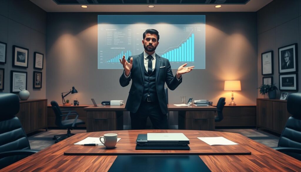 A sleek office interior with a large wooden desk and ergonomic chairs. On the desk, a laptop, coffee mug, and documents are neatly arranged. The walls are adorned with framed certificates and awards, conveying a sense of professional accomplishment. Soft, indirect lighting casts a warm glow, creating a sophisticated and productive atmosphere. In the foreground, a stylishly dressed consultant stands, gesturing as they discuss financial projections on a holographic display. The scene captures the high-earning potential and prestigious nature of the consulting profession.