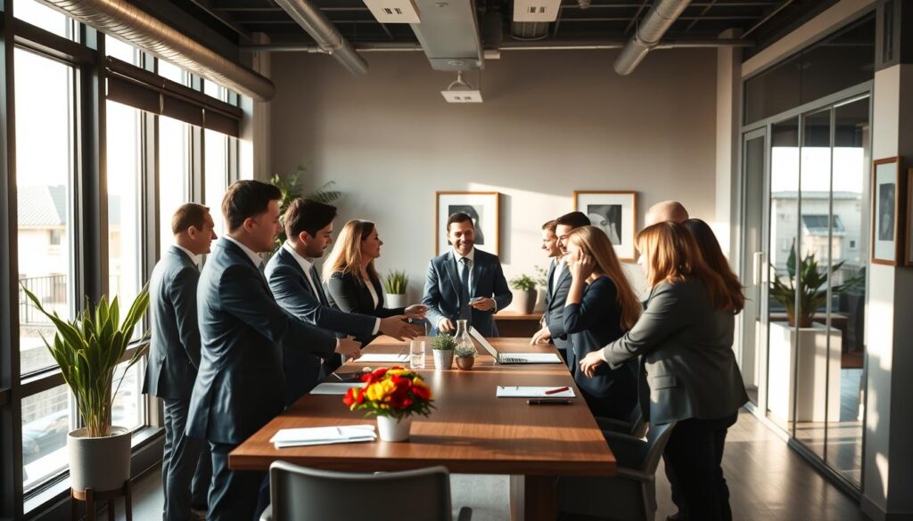 A small, well-lit office setting with a group of professional colleagues gathered around a conference table. The foreground features a diverse group of men and women in business attire, shaking hands, exchanging cards, and expressing warm farewells. Soft natural lighting streams in through large windows, casting a serene, ambient glow. The middle ground showcases tasteful office decor, potted plants, and framed artwork on the walls. The background blurs into a tranquil, neutral-toned backdrop, emphasizing the intimate, cordial atmosphere of the farewell gathering.
