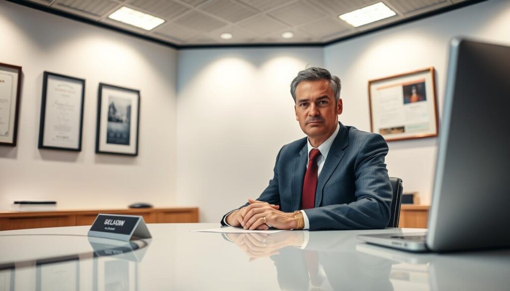 A smart, stern-looking professional sitting behind a sleek, modern desk in a well-lit office. The interviewer, dressed in a tailored suit, exudes an air of authority and experience. The desk is clean and organized, with a nameplate and a few subtle accessories. The walls are adorned with framed certificates or awards, hinting at the interviewer's qualifications. The lighting is bright yet soft, creating a sense of seriousness and focus. The angle is slightly elevated, giving the impression of the interviewer's position of power and assessment. The overall mood is one of formality, evaluation, and the high-stakes nature of the final job interview.