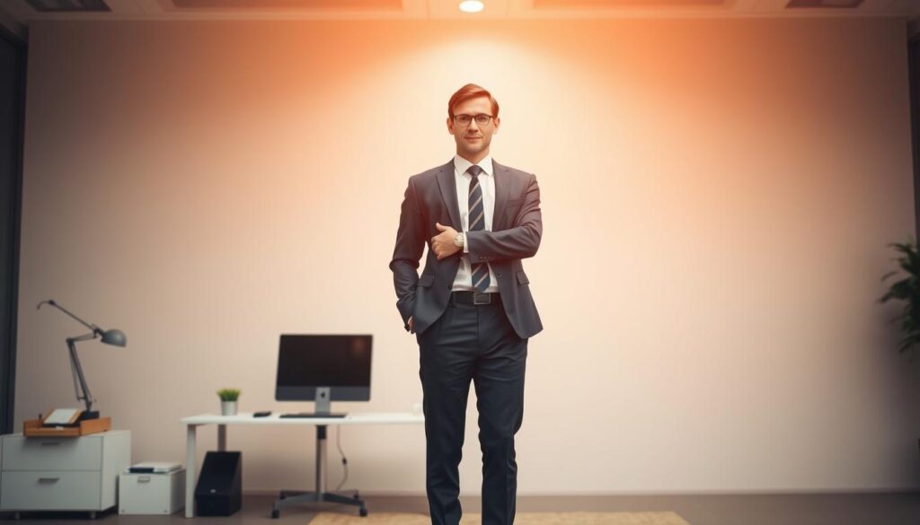 A smartly-dressed professional standing confidently in a well-lit office setting, their body language and attentive expression conveying a sense of poise and focus. Behind them, a clean, organized desk with a computer and other subtle symbols of a successful career. Surrounding the figure, a neutral-toned background with just enough context to suggest a professional environment, yet avoiding distractions. Subtle, warm lighting casts a subtle glow, creating a sense of prestige and accomplishment. The overall scene projects an air of competence, reliability, and readiness to excel in a high-stakes final interview.