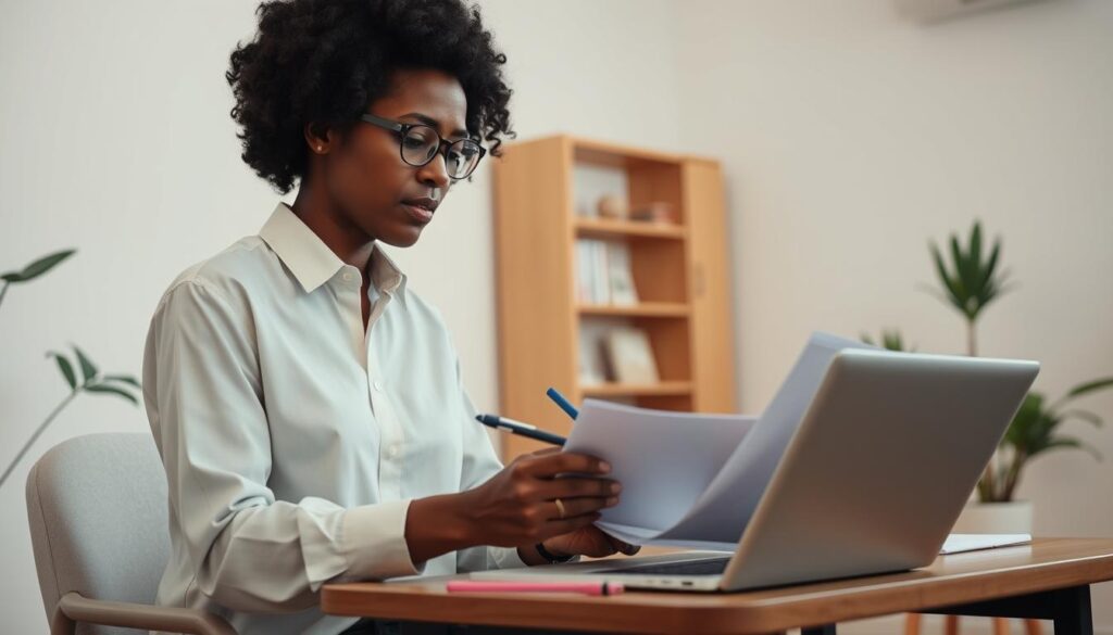 A social worker diligently reviewing case files and scheduling client meetings in a well-lit, minimalist office. A tall bookshelf and plants add warmth to the space. The worker, dressed in professional attire, types rapidly on a laptop, pausing occasionally to consult their calendar and jot down notes. Soft, indirect lighting casts a soothing glow, enhancing the focused, contemplative atmosphere. The scene conveys the social worker's commitment to managing their time effectively to provide the best possible care for their clients.