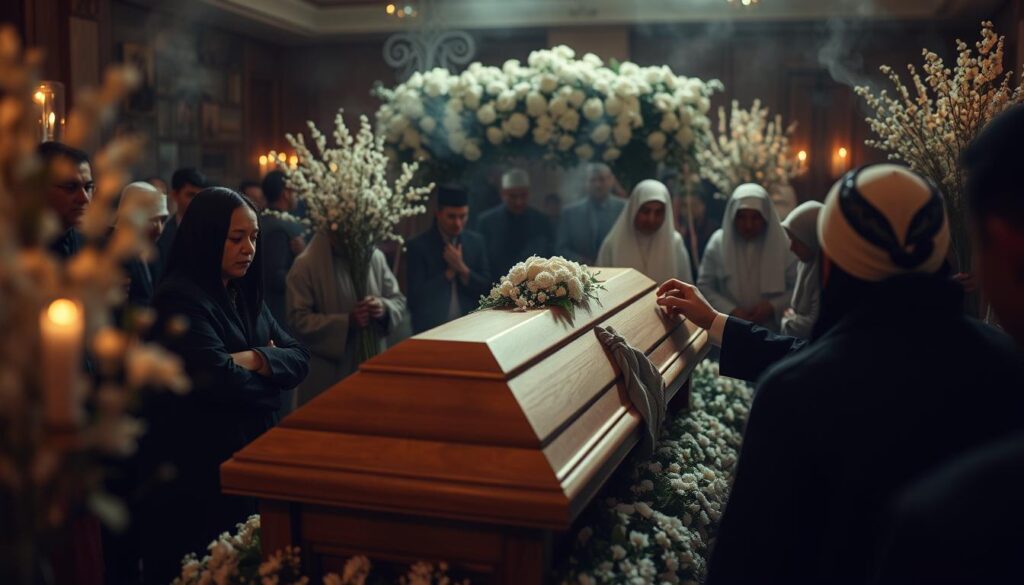A solemn ceremony unfolds, as a reverent procession gathers around a wooden casket. Delicate floral arrangements adorn the surroundings, their fragrance mingling with the incense-tinged air. Skilled hands meticulously prepare the deceased, ensuring a dignified final journey. Soft lighting casts a warm, contemplative glow, while the participants maintain a respectful silence, honoring the gravity of the moment. The scene evokes a sense of profound solemnity, a testament to the profound rituals that guide the passage from life to the afterlife.