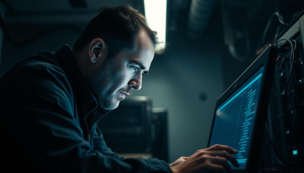 A solitary software engineer, brow furrowed in concentration, hunches over a glowing computer screen, the weight of a complex project bearing down on their shoulders. Stark fluorescent lighting casts harsh shadows, accentuating the tension in their expression. In the dimly lit background, the outlines of server racks and tangled cables suggest the daunting technical challenges that lie ahead. The atmosphere is one of intense focus and pressure, reflecting the rigors and demands of systems engineering work. A tight, cinematic composition emphasizes the isolation and intensity of the scene, evoking the strain and gravity of the task at hand.