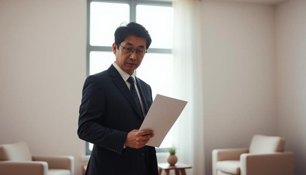 A somber but determined Japanese businessman in a dark suit stands at a crossroads, holding a resignation letter in his hand. Soft natural lighting filters through the window behind him, casting a pensive glow. The room is sparsely furnished, with minimal decor hinting at a transitional period. The man's expression is one of mixed emotions - a hint of regret, but also a sense of resolve, as he makes the difficult decision to decline a job offer after initially accepting it. The composition conveys the weight and complexity of the situation, with the man's silhouette framed against the neutral background, symbolizing the pivotal moment of this career transition.