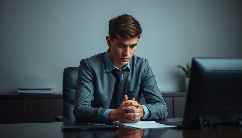A somber corporate office setting, a young professional hesitantly sitting at a desk, shoulders slumped, hands clasped, conveying the weight of informing their employer of their decision to decline the job offer they had previously accepted. Soft, muted lighting casts a pensive mood, underscoring the delicate nature of the situation. Minimal details in the background, focusing the viewer's attention on the central figure's pensive expression and body language, reflecting the difficulty and unease of this resignation process.