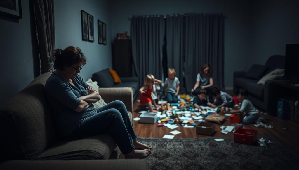A somber, dimly lit interior scene depicting the potential downsides of a nanny's role. In the foreground, a weary nanny sits on a worn couch, shoulders hunched with exhaustion, while in the middle ground, a group of unruly children create chaos, scattering toys and papers across the floor. The background is shrouded in shadows, suggesting the isolation and lack of personal time a nanny may experience. Soft, muted tones create an atmosphere of fatigue and stress, contrasting with the vibrant energy of the children. The overall composition conveys the physical and emotional toll the nanny's responsibilities can take, highlighting the lesser-known challenges of the profession.